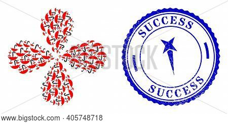 Umbrella Exploding Flower With Four Petals, And Blue Round Success Scratched Stamp Imitation With Ic