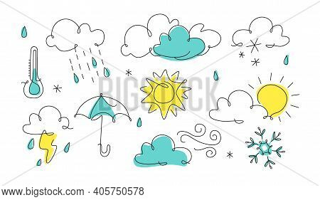 Weather Icon In Line Art. One Line Style Forecast Illustration, Continuous Line. Art Outline. Cloud,
