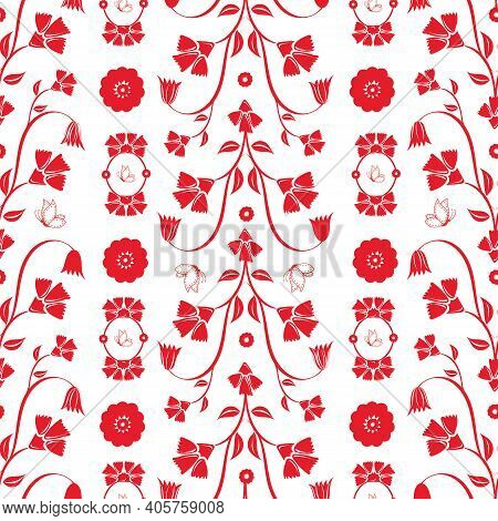 Redwork Flowers And Butterflies Repeat Pattern. Vector Illustration