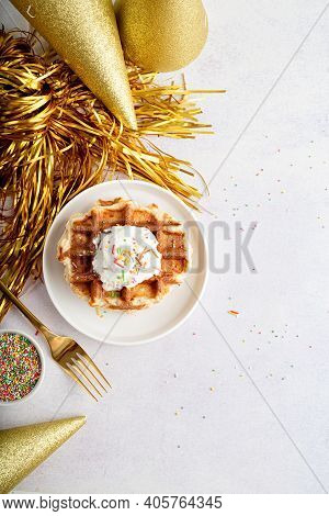 Birthday Party Waffles With Youghurt And Colorful Sprinkles