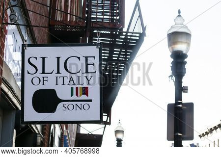 NORWALK, CT, USA - MAY 31, 2020: Store sign from pizza place in Norwalk