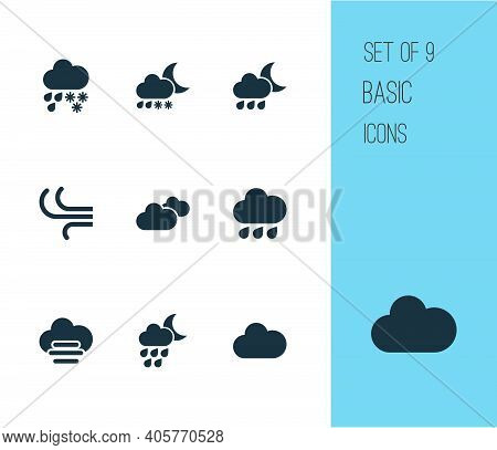 Air Icons Set With Cloud, Rainy, Heavy Sleet Night And Other Synoptic Elements. Isolated Vector Illu