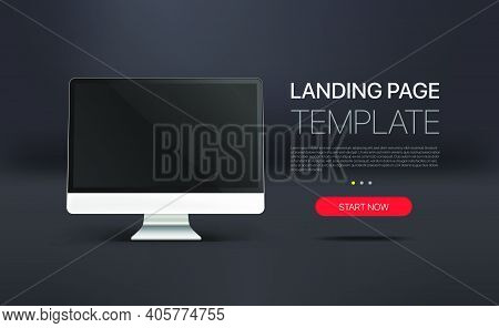 Promo Landing Page Template With Modern Computer. Template With Sample Text And Button