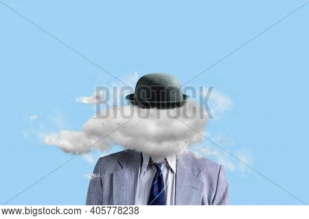 Businessman In A Hat, With A Cloud Instead Of A Head. The Concept Of Creative Ideas. Business. Backg