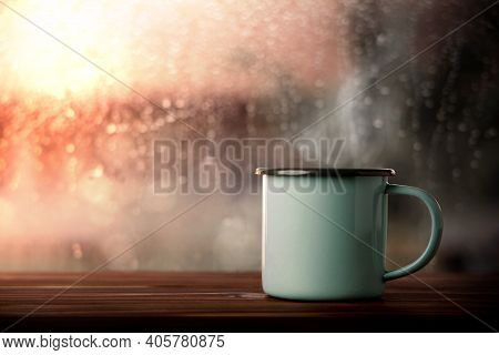 Morning Drink On Rainy Day. Hot Coffee Cup By Glass Window In House. Happiness, Calm Or Relaxing Min
