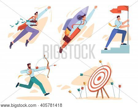 Goal And Business Mission For Achievement. Isolated Set Of Personages Hitting Target, Flying Life Su