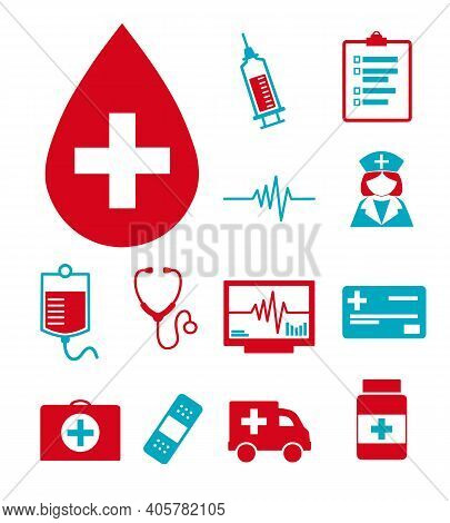 Vector Medical Icons Set For Creating Infographics Related To Health And Medicine, Like Blood Drop, 