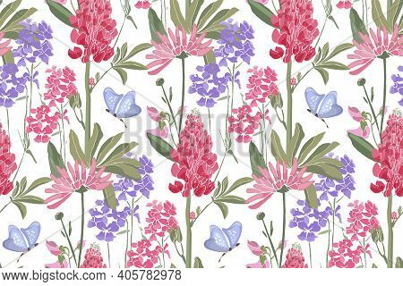 Vector Floral Seamless Pattern. Spring Flowers, Green Leaves, Butterflies.