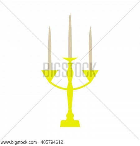 Golden Candle Flame Vector Illustration Light Candlestick. Isolated White Decoration Candlestick Obj