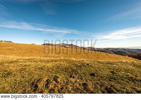 Green And Brown Meadows In Autumn On The Lessinia Plateau (altopiano Della Lessinia), Regional Natur