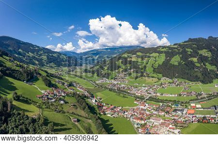 Aerial Drone Shot Of Zillertal Valley With Clouds In Tyrol Austria Summer