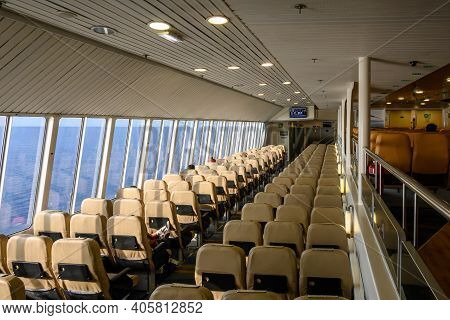 Sikinos, Greece - September 23, 2020: Interior Of Ferry Caldera Vista, High Speed Catamaran Owned By