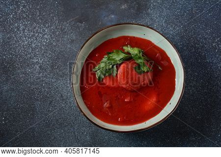Hot Red Beet Kubbeh Soup, A Famous Middle Eastern Dumplings Soup Dish, Served In A Bowl. A Jewish-ir
