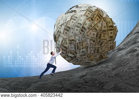 Businessman pushing away the dollar ball