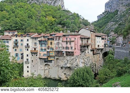 Houses On Rock In Pont-en-royons Village In France