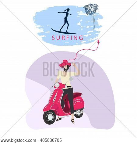 Travel Planning. Surfing Dream - Woman On Motor Scooter - Vector. Hypothetical Vacation.