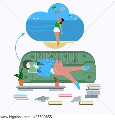 Woman Lies On The Sofa, Room, Books - Vector.hypothetical Vacation.travel Planning. Dream Of A Trip 