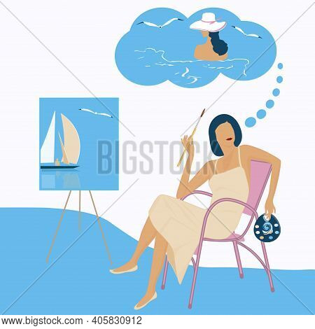 Woman Sits On A Chair, Paints A Picture - Vector.hypothetical Vacation.travel Planning. Dream To Swi