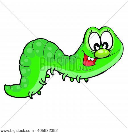 Green Color Harmful Caterpillar Character, Cartoon Illustration, Isolated Object On White Background
