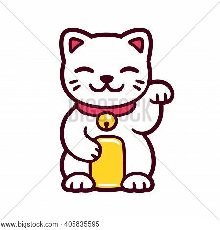 Cute Cartoon White Maneki Neko, Japanese Lucky Cat. Good Luck Feng Shui Kitty Drawing. Isolated Vect