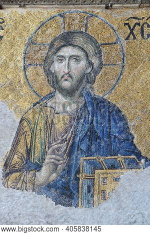 Istanbul - August 07: Deesis - Byzantine Mosaic In Hagia Sophia Church, Showing Jesus Christ At Augu
