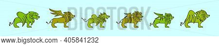 Set Of Winged Lion Cartoon Icon Design Template With Various Models. Modern Vector Illustration Isol