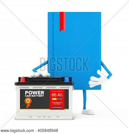 Blue Book Character Mascot And Rechargeable Car Battery 12v Accumulator With Abstract Label On A Whi