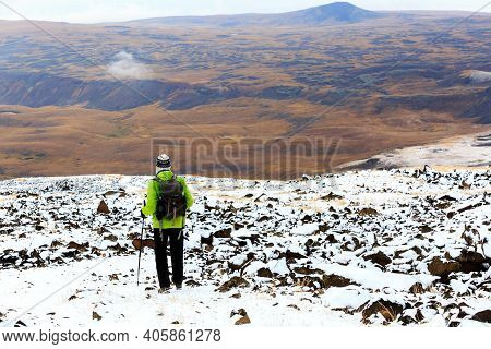 Aragats, Armenia - October 11, 2018: Tourist On The Way To The Crater Of Mount Aragats, Northern Sum