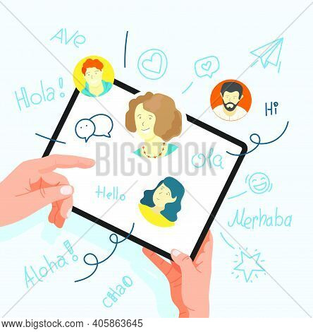Human Gesture Using Tablet Computer. Say Hello In Different Languages..