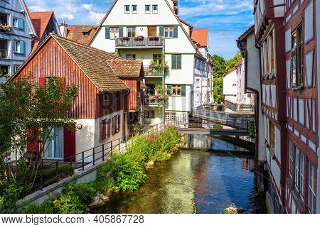 Ulm City, Germany. Nice View Of Beautiful Old Houses And Canal In Historical Fisherman`s Quarter. Th