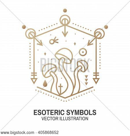 Esoteric Symbols. Vector Illustration. Thin Line Geometric Badge. Outline Icon For Alchemy Or Sacred