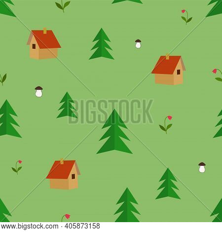 Houses In The Forest. Vector Color Drawing Image Background.