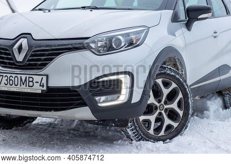 Grodno, Belarus-01.31.2021: A Fragment Of The Front Part Of A Renault Capture Or Renault Captur Suv 