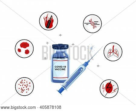 Covid-19 Vaccine And Side Effects Infographic.vial With Liquid For Injection And Syringe.outline Sty