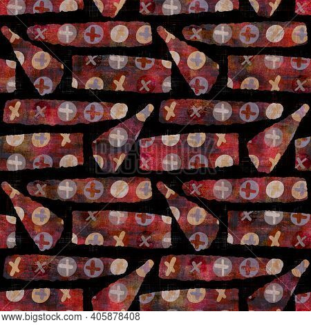 Seamless Dark Geometric Block Print Background. Boho Ethnic Soft Furnishing Fabric Style. Tie Dye Pa