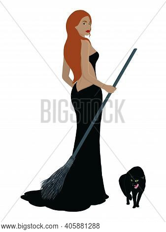 A Redhead Witch With An Angry Hissing Black Cat