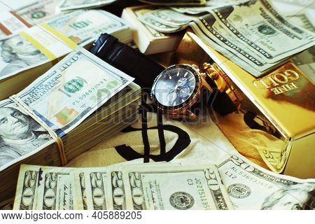 Luxury From Affluence Concept With Money, Gold Bar And Luxury Watch