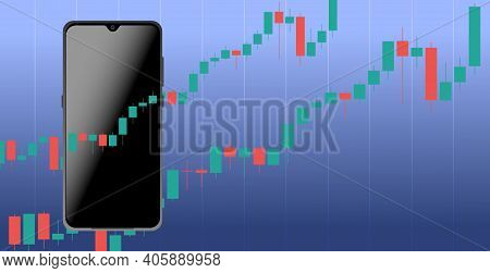 Economical Stock Market Graph On Mobile Phone Display. Candlestick Chart On The Background
