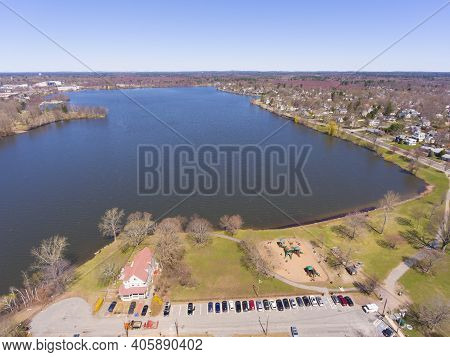 Wakefield Lake Quannapowitt Aerial View In Historic Town Center Of Wakefield, Massachusetts Ma, Usa.