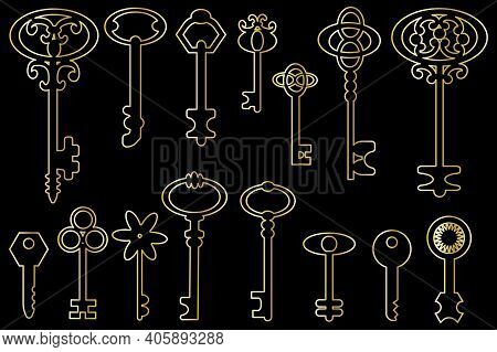 Gold Keys On A Black Background. Set Of Yellow Keys. Guard Symbol. Vintage Vector Illustration. Stoc