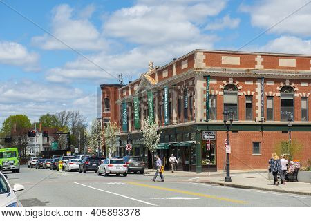 Andover, Ma, Usa - Apr. 24, 2019: Historic Commercial Buildings On Main Street Near Old Town Hall In
