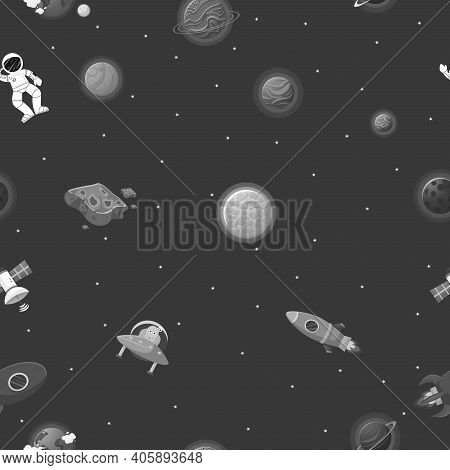 Flat Cartoon Style Space Pattern. Astronaut With Rocket And Alien In The Open Space Cute Design For 