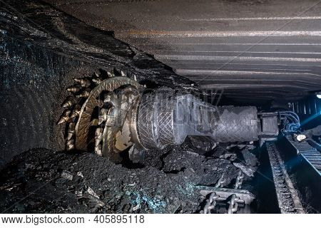 Shearer Drill Head In A Coal Mine. Extraction Of Coal By Underground Method.