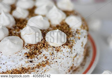 Freshly Baked Delicious Homemade Meringue Cake/ Turkish Beze Or Meringue Cake Served On White Wooden