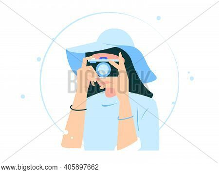 Enjoy Your Vacation And Take Pictures. Woman Taking Pictures While Traveling. Vector Illustration.