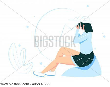 Enjoy The Holidays And Take Pictures. Women Sit And Take Pictures While Traveling. Vector Illustrati