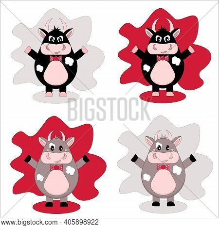 Collection Of Vector Images Of A Bull. A Good And Evil Bull. Black And Brown Bull On A Red And Gray 