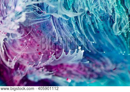 Epoxy Resin Texture With Aquamarine, Lilac And White Colors. Fluid Backdrop With Splashes And Ripple
