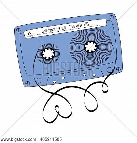 Blue Retro Tape Cassette. Vintage Audio Mixtape In Doodle Style Isolated On A White Background. Vect