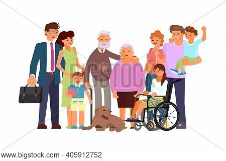 Multi Generation Family Portrait Including Kids, Teen Girl In Wheelchair, Parents And Grandparents. 